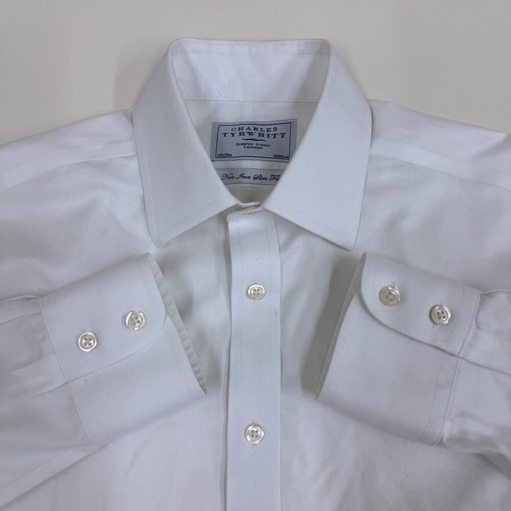 Charles Tyrwhitt Mens 15.5 35 Non-Iron Slim Fit Dress Shirt White Cotton Twill